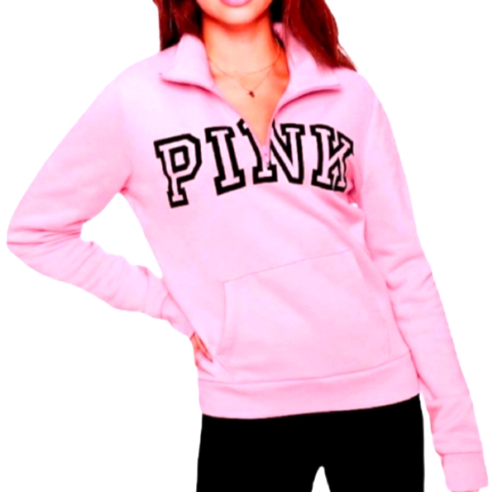 PINK VS Quarter Zip Up Light Pink & Black Block Logo